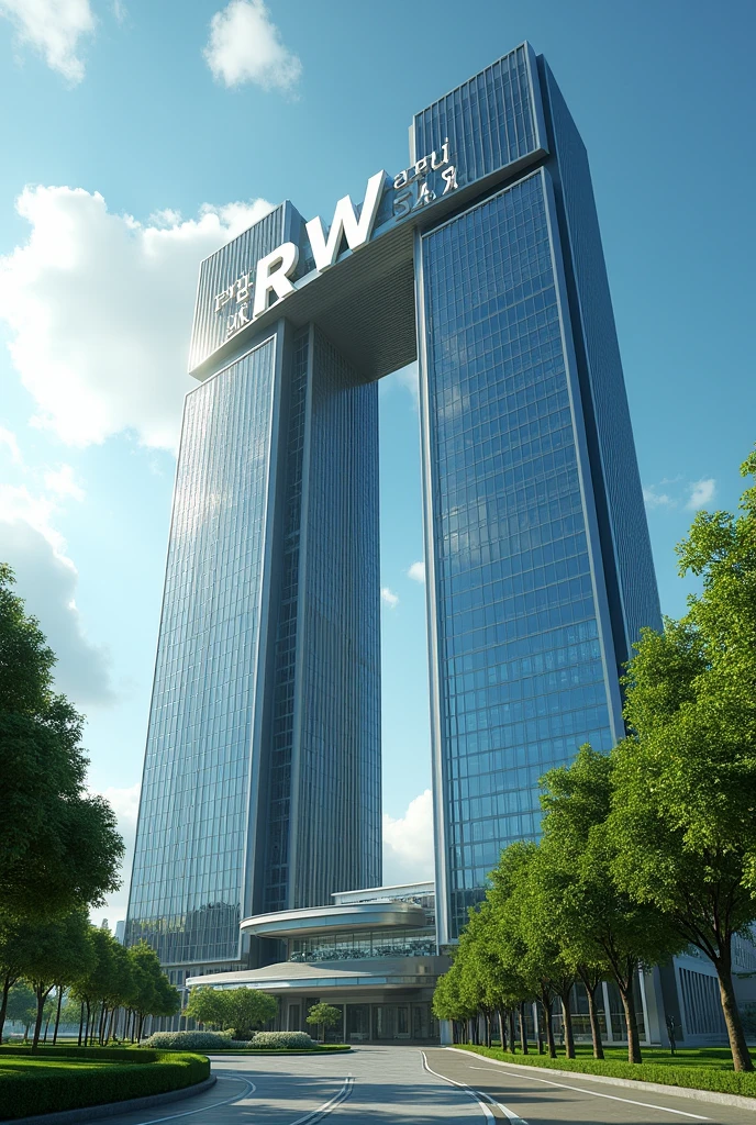 I want an animated image of a company that is a large, very large building with the letters RW, and that it has green areas. And the company stands out or is more visible in the image