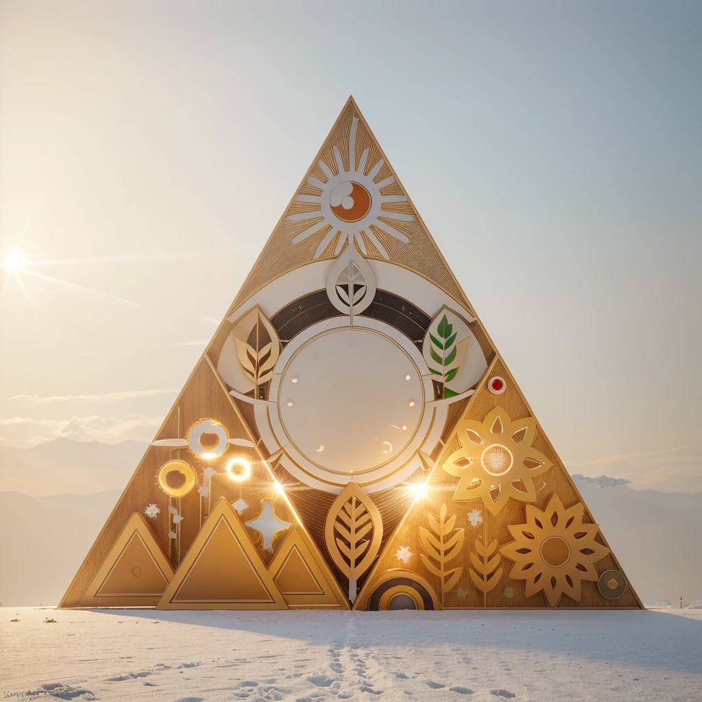 triangular logo for the Information System Expo (ISE) 2025 at ITS, inspired by the theme 'The Symphony of Seasons: Harmonizing Innovation and Nature.' The triangle should resemble a 3D, slightly rounded triangular shape with a smooth, polished finish. Inside the triangle, incorporate symbols representing the four seasons: a blooming flower for Spring, a shining sun for Summer, a falling leaf for Autumn, and a snowflake for Winter. Integrate elements of technology, such as subtle circuit patterns or digital textures, to represent the Information Systems department. Place the text 'ISE' prominently in the center of the triangle, ensuring it stands out but harmonizes with the overall design. Use colors that transition smoothly to represent the change of seasons and give the logo a modern, clean, and professional look.