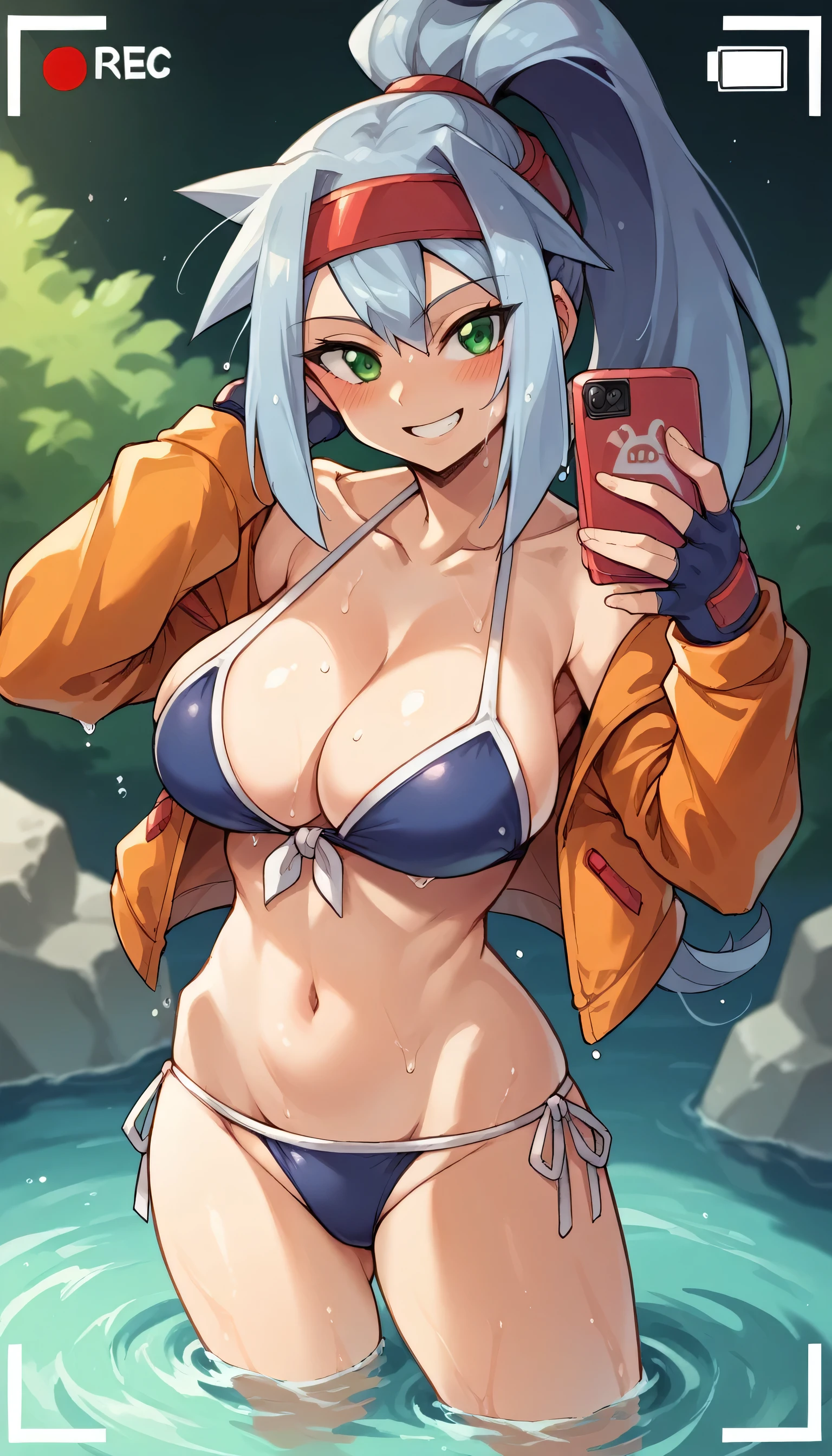 side-tie bikini, breasts, 1girl, bikini, swimsuit, bikini, wet, smile, navel, solo, viewfinder, phone screen, looking at viewer, grin, wading, large breasts, water, collarbone, cleavage, user interface, recording, blush,Ashe(megamanzxa),silver hair,green eyes,high ponytail,headband