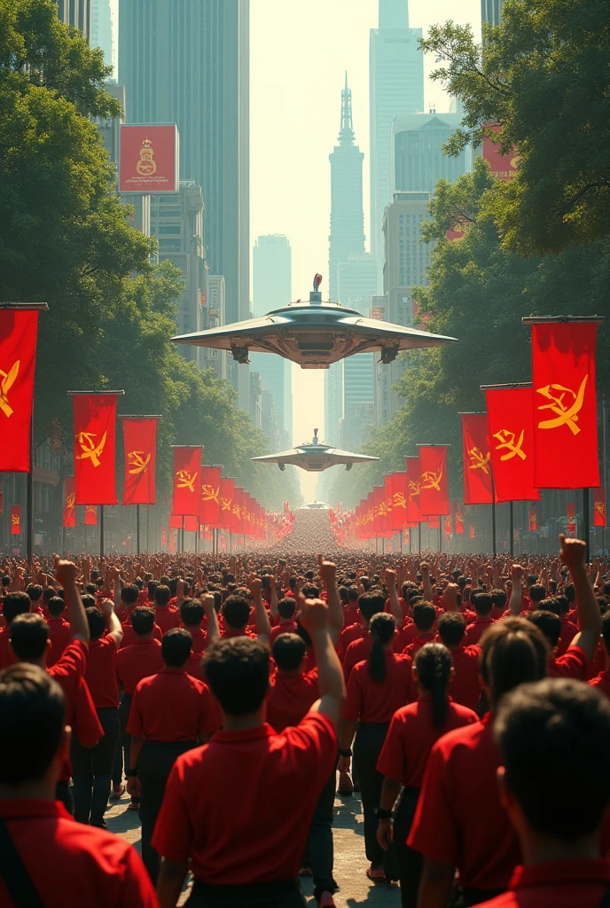 Brazilian communists in a civic mass parade in a futuristic Amazon rainforest city.