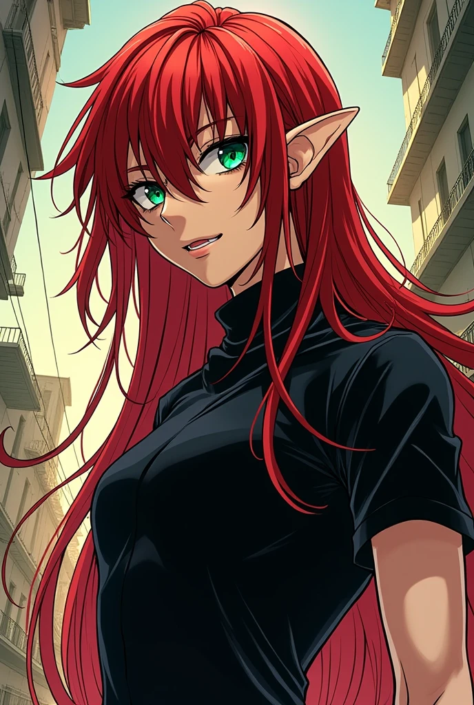(Boku no hero manga panel style) A tall, pale boy, whit long, straight and red hair, green foxy eyes, a scar in his lip, elf ears, whit abs, whit a black tight shirt