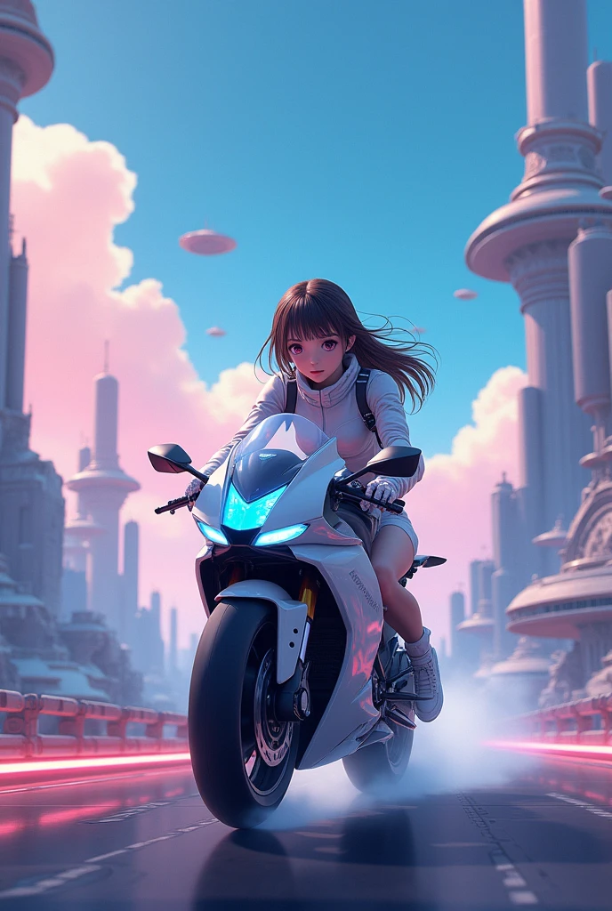 anime: VERY PRETTY GIRL ON A MOTORCYCLE IN A FUTURISTIC LANDSCAPE