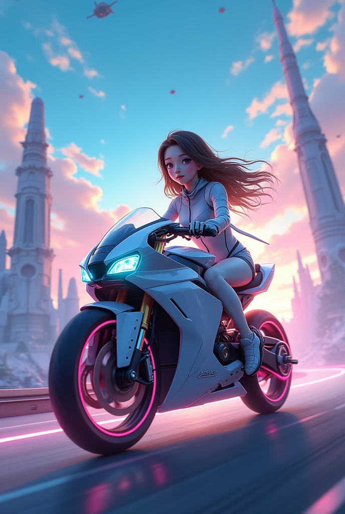 anime: VERY PRETTY GIRL ON A MOTORCYCLE IN A FUTURISTIC LANDSCAPE