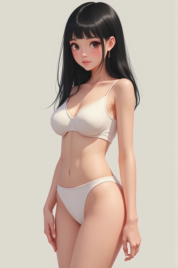 She is a girl who is 1, 160 cm tall, weighing 60 kilos, with straight black hair down to her shoulders and light skin. Draw her full body with bust measurements of 87, waist 70 and hip 90 