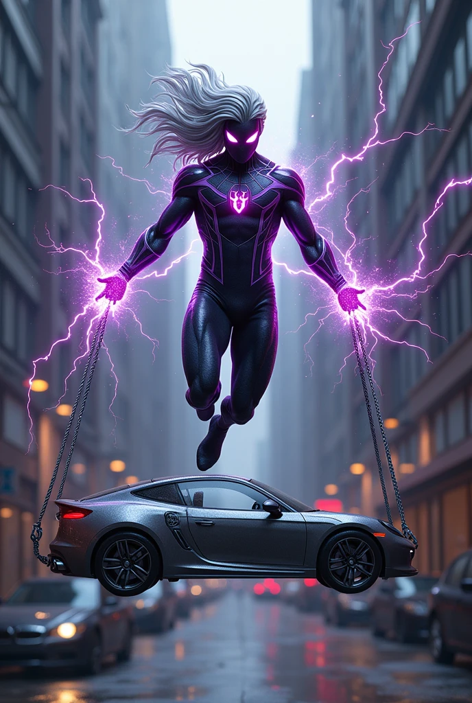 magneto merged with spiderman, levitating mid air, magnetic powers, lightening, black and purple suit, strong magnetic field, grey hair, holding a car with metallic web