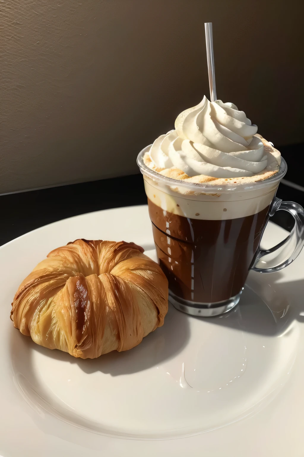 (masterpiece, realistic), (cup of coffee with whipped cream topping with a straw inside the cup), next to the cup on separate plates the ((croissant on the side without filling and topping)), fork and knife inside the plate, background coffee shop