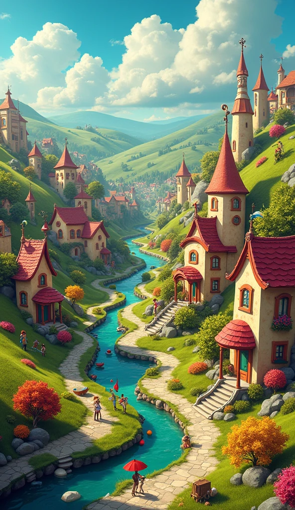 (best quality, masterpiece, ultra detailed, ultra high res, photorealistic, raw photo, absurdres, absolutely resolution), A village filled with musical elements、Wide Shot