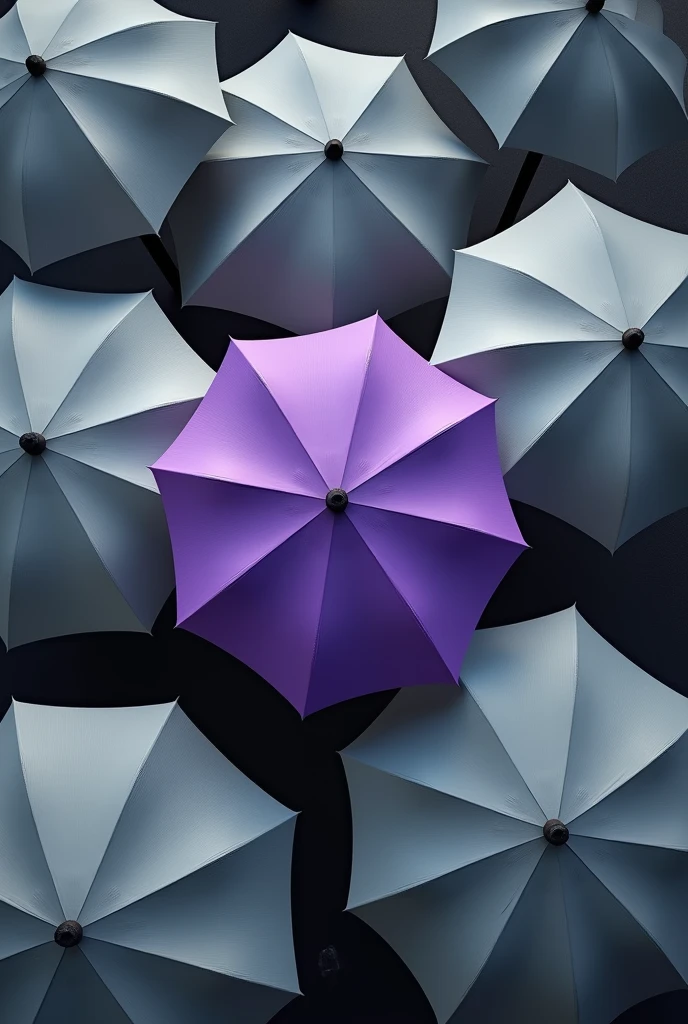 several gray umbrellas seen from above and a purple one in the middle of them, standing out without having the slightest distance from each other