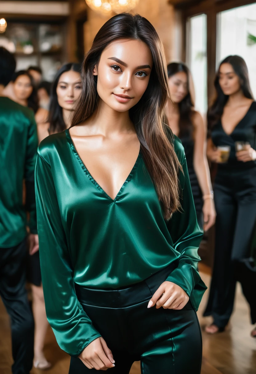 young brunette woman, beautiful brown eyes. long brown hair. Long V-neck T-shirt made of shiny dark green satin and long black pants, 项链, transparent lip gloss, narrow building, Pretty, 2, Full body photo, long legs, Satin top, dancing at a party, looks stunning. is enthusiastic. In the background are wedding guests
