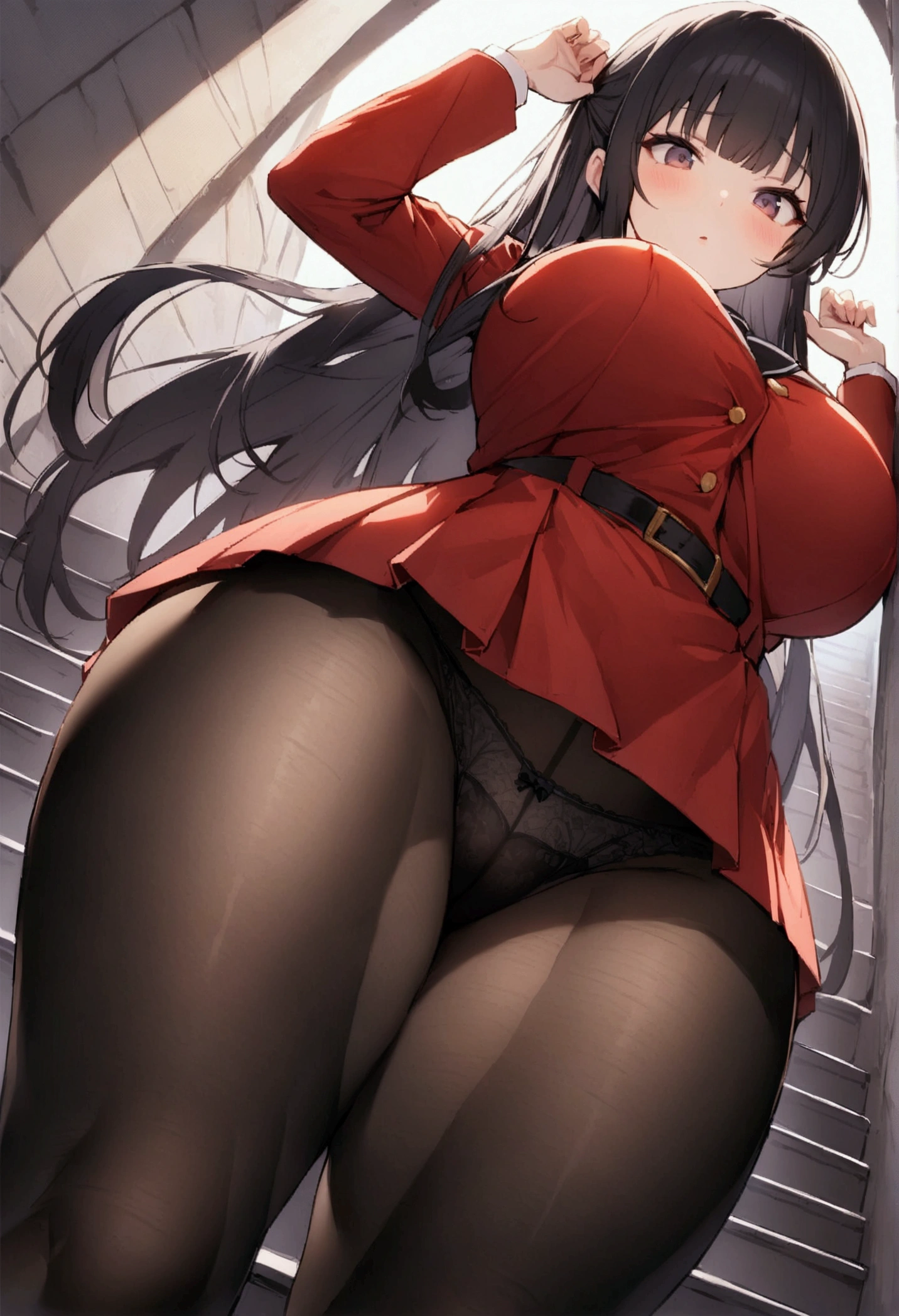 One Woman、beautiful girl, Highest quality, Thick thighs、Big  、Big Breasts、Black Hair、Long Hair、Bangs、Red Blazer Uniform、Angle from directly below、Intimidating attitude、School、Many students behind、The gesture of pulling up the hair、Short pleated skirt、Black Pantyhose、Black panties under pantyhose、walk、Climbing the stairs、Schoolの階段、Angle from directly below