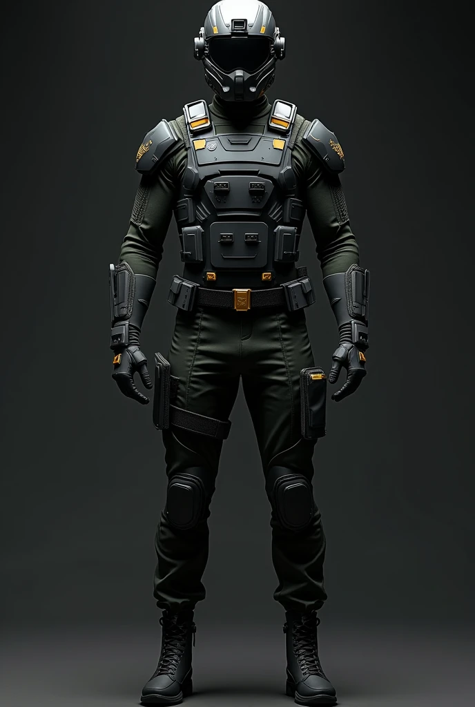 Headgear: A sleek, tactical helmet with integrated night vision goggles and a matte black finish.
Top: A form-fitting, tactical vest in matte black with subtle dark gray or green accents. Include lightweight, flexible armor plates.
Bottoms: Slim, combat-style pants in matching dark colors with reinforced knee pads and utility pockets.
Footwear: Tactical boots with a stealthy, low-profile design in dark shades.
Full body
Add some golden accents and details