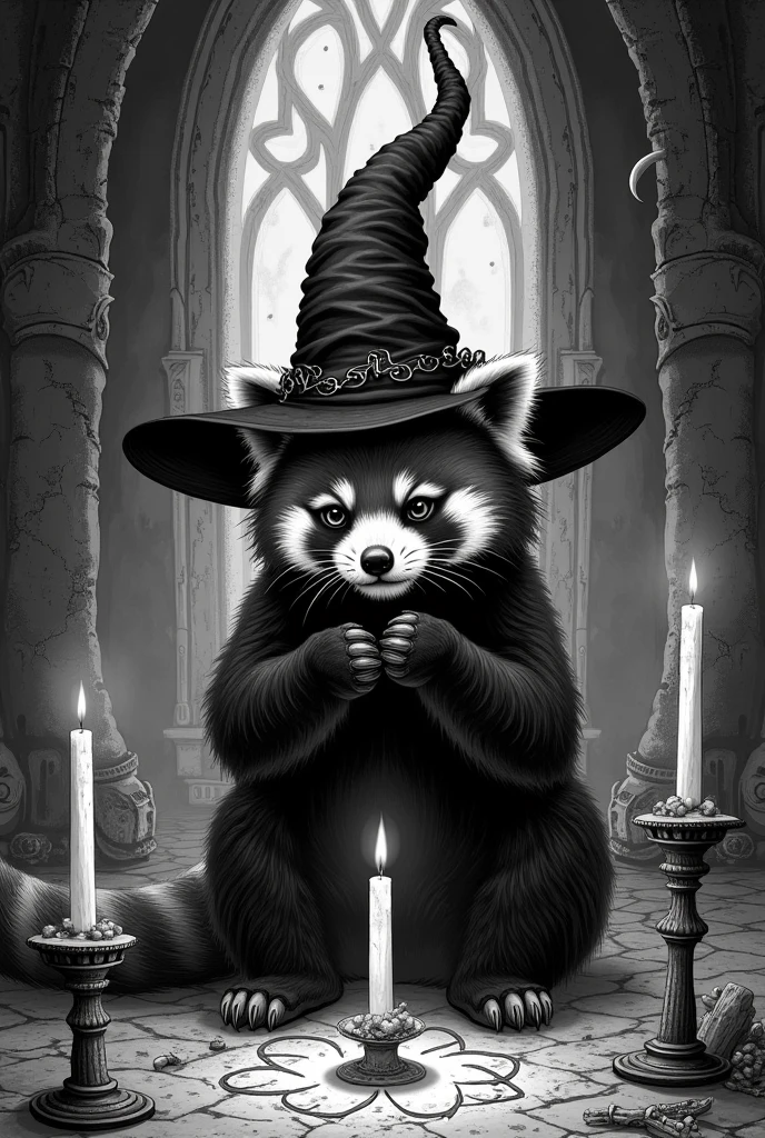 Create a black and white illustration, of a red panda wearing a witch's hat, doing an occult ritual, in the Gothic style and with elements of horror and fantasy