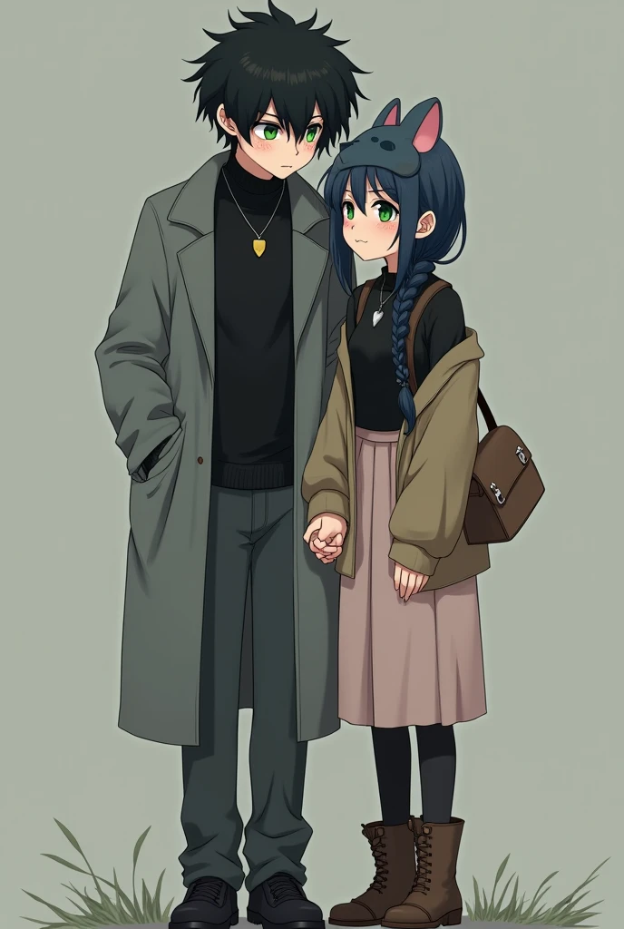 Tall ager with fluffy black hair,Pale skin,green eyes, He has dark circles, Her hair covers one of her eyes and also her ears., He wears a black turtleneck sweater, light grey coat, dark grey pants and black shoes,wear a gold pendant, He is holding hands with a teengirl with navy blue hair that is braided into a single braid,green eyes con pecas en el rostro, Pale skin, pink lips, of average height, wears a black long-sleeved v-neck shirt, pale pink skirt, black stockings, brown high boots, a light brown cardigan sweater, a mouse mask that covers half of his face, a silver-colored pendant and a light brown crossbody bag, The girl smiles warmly while the boy has a slight smile 