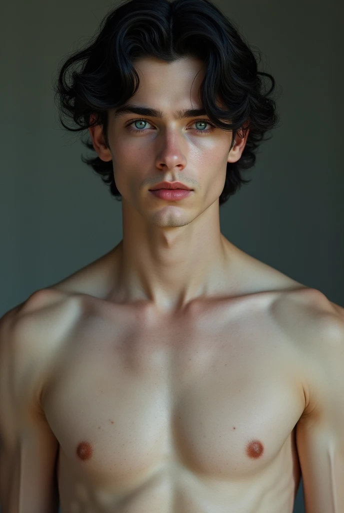 A young man with very white skin, wavy black hair, big blue eyes, thick lips, a thin nose and a marked abdomen.