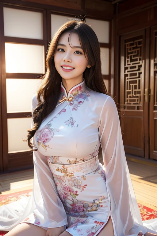 Fair skin,8k,Ultra-high resolution,Super detailed,Highest quality,Look at the viewers、Perfect lighting,flat light,super high quality,Ultra-high resolution,masterpiece,Realistic,Detailed face,Perfect Anatomy,Slender body、Young face、smile、Sweating、Flushed Cheeks、chinese shrine、Clear winter weather、((chinese garment))、((Tight Chinese dress))、Nice and cute, An innocent smile, , A lovely smile, (A big bust that seems to burst:1.20),(Beautiful Big 1:1)、Beautiful Eyes、Please show me your whole body、Beautiful legs visible from the slit、Kung Fu Pose、Show me your chest