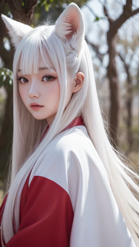 White Demon Fox、Nine-tailed Fox、Japanese women、kimono、Fair skin、Red lines on face、8K、I have long hair