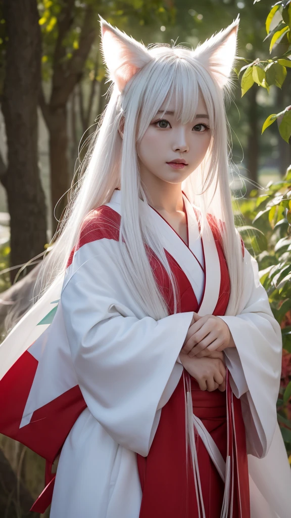White Demon Fox、Nine-tailed Fox、Japanese women、kimono、Fair skin、Red lines on face、8K、I have long hair