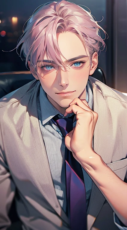 (Highest quality,4K,8K,High resolution,masterpiece:1.2),Super detailed,(Realistic,photoRealistic,photo-Realistic:1.37),1 personld,Mature Men,Beautiful skin、very handsome,Expressionless,smile,Short gray pink hair,blue eyes,Sharp Eyes,A perfect face without a doubt,Businessman,Office Background,Cinema Lighting,HDR image,tie、