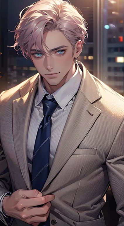 (Highest quality,4K,8K,High resolution,masterpiece:1.2),Super detailed,(Realistic,photoRealistic,photo-Realistic:1.37),1 personld,Mature Men,Beautiful skin、very handsome,Expressionless,smile,Short gray pink hair,blue eyes,Sharp Eyes,A perfect face without a doubt,Businessman,Office Background,Cinema Lighting,HDR image,tie、