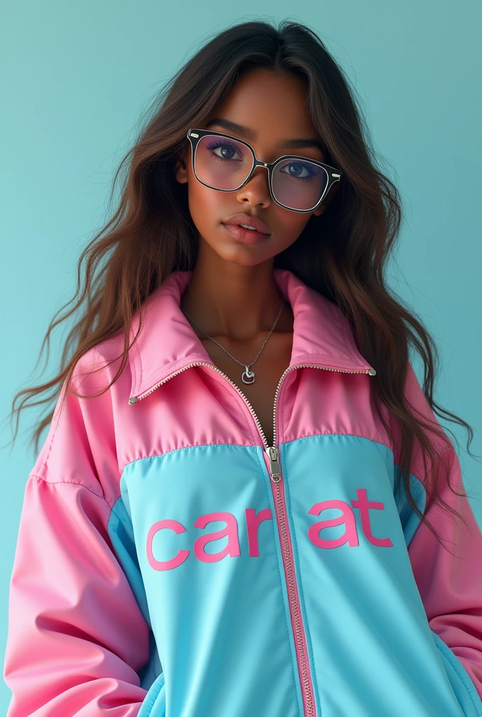 Dark skinned teenage girl with long brown hair and glasses wearing a half light blue half pastel pink jacket that says CARAT