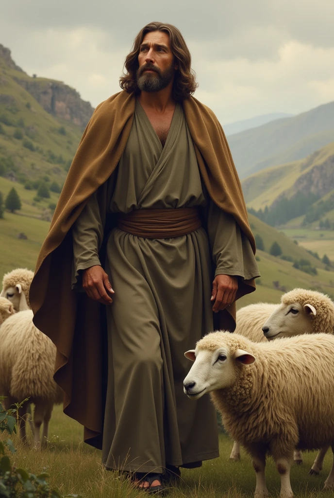 create image of jesus, the Good Shepherd, wearing a rustic tunic in dark gray and a brown cloak.