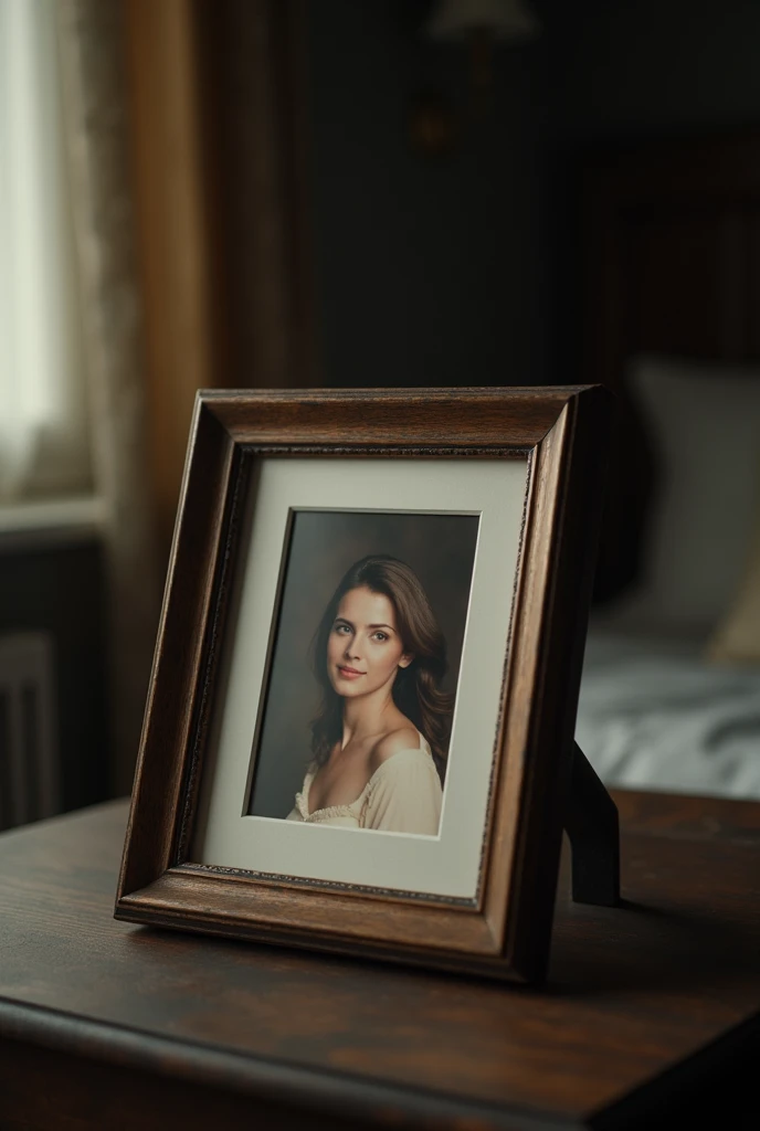 ((best quality)), ((masterpiece)), (detailed), A close-up shot of the framed photo. The shot zooms in slowly, focusing on the image of the deceased loved one. The camera movement should be gentle to emphasize the emotional significance of the photo.