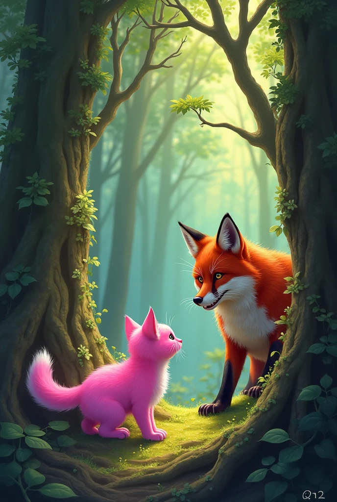 The Birth of the Pink Cat .Battle with the Fox, In the heart of the forest, the pink kitten encounters a sly, red fox. The fox sees her as easy prey, but she stands her ground, her fur bristling and claws unsheathed. 