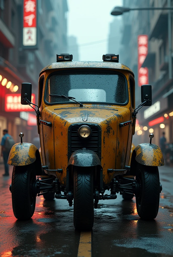 Cyberpunk Alfa Romeo vintage armored tuk-tuk、Shallow depth of field、(masterpiece:1.3) (最high quality:1.2) (high quality:1.1)、Cinematic Light, ((Cinema Lighting),(Natural light),(High level of artistry),(artistic),(Indistinguishable quality from the real thing),RAW Photos,Genuine,Genuine,High resolution,RAW Photos,masterpiece, beautiful,