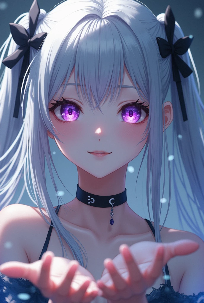 (masterpiece)、top quality、Depth of Field、glass shards、Simple background、1 girl in、solo、Hands of Guido Daniel、looking at the audience、double tail、((stretched out her hands))、Open your hands、tears、upper part of body、((Direct))、(silver hair)、Dark purple transparent eyes、((beautiful turd、delicate eyes、eyes like gems、radiant eyes:1.3))、a smile