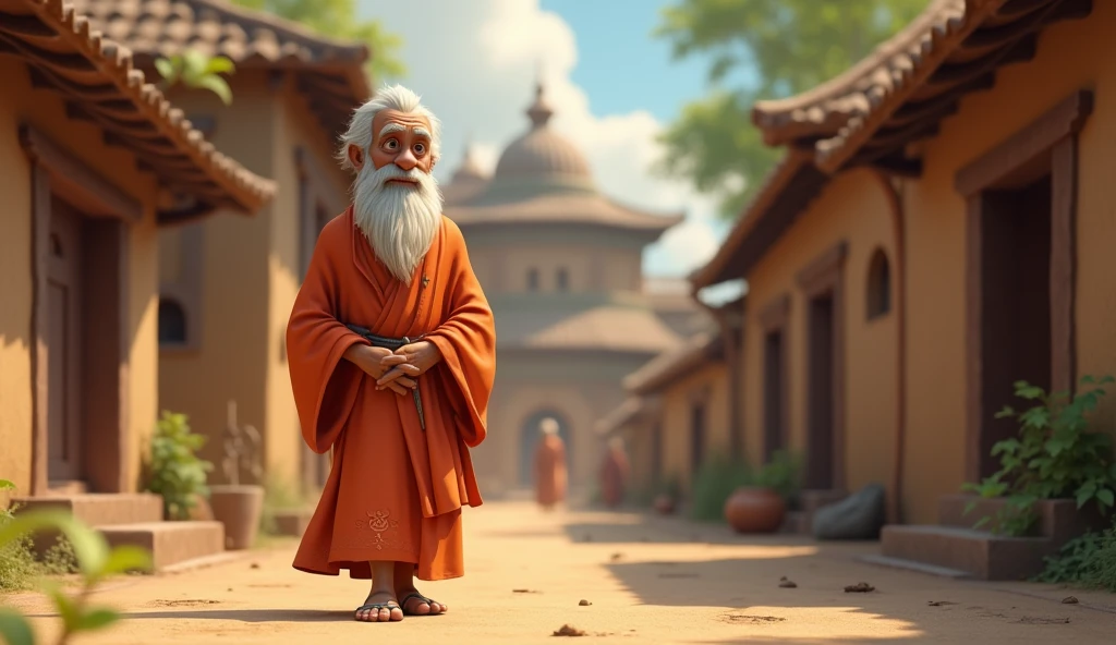 In 3D animation style:*A wise, old sage arriving in the village**, dressed in simple robes, with an aura of wisdom and tranquility, seeking out Ramesh.