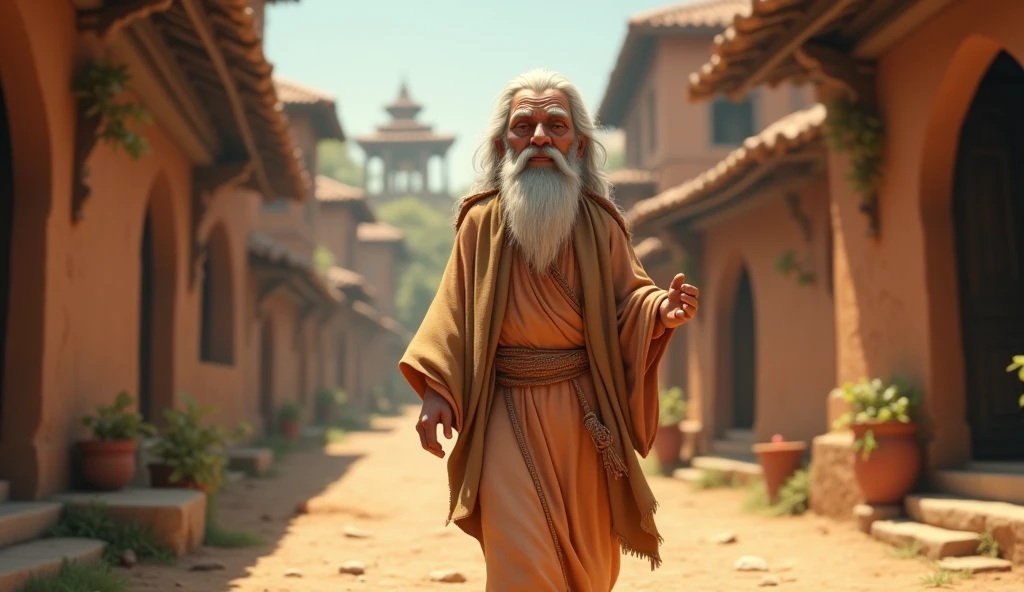 In 3D animation style:*A wise, old sage arriving in the village**, dressed in simple robes, with an aura of wisdom and tranquility, seeking out Ramesh.