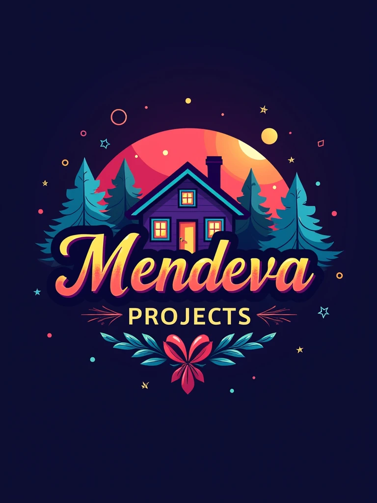 A-catching logo illustration for "Mendeva Projects" a professional REMODELING HOME service. The logo HOME astyli, signifying . The name "MENDEVA PROJECTS" is written in bold, elegant cursive font, with "REMODELING HOME" below in a complementary serif font. The overall design is vibrant and full of color, PURPLE BLUE AND READ   with a sense of luxury and sophistication. The logo exudes positivity and confidence in its ability to provide top-quality REMODELING HOME services. -process