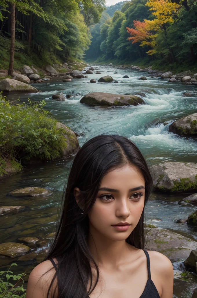 a young girl with long straight black hair, light brown eyes, small breasts, pubic hair, in a river, indian style, (best quality,4k,8k,highres,masterpiece:1.2),ultra-detailed,(realistic,photorealistic,photo-realistic:1.37),detailed eyes,detailed face,detailed lips,long eyelashes,serene expression,beautiful skin,natural lighting,colorful river landscape,detailed foliage,dramatic lighting,vibrant colors,atmospheric,cinematic