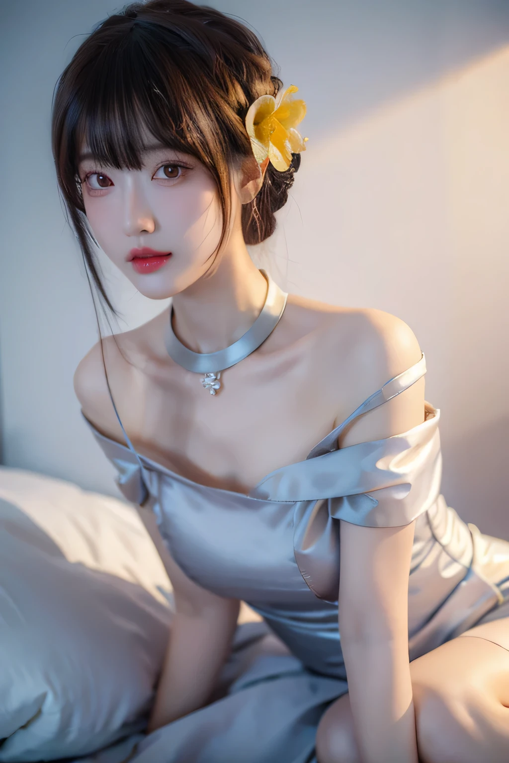 Fashionable beautiful woman, Gentle and charming Chinese beauty, Exquisite and sexy clavicle, Charming oval face, Double eyelids, Bright peach blossom eyes, Pink lips, Small nose, Bare shoulders, Face Focused, Close-up of face, Ultra HD, Very detailed, The white off-the-shoulder shirt perfectly complements the light blue slit skirt., fresh and impressive