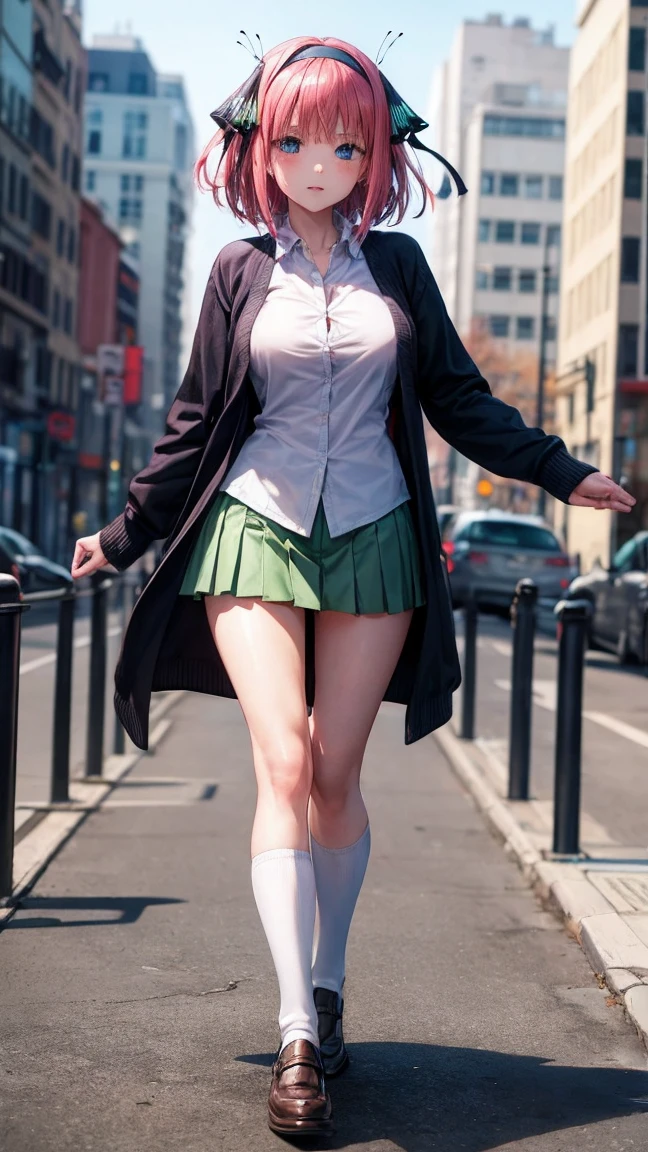 of the highest quality、A girl、、full body figure，big 、big  perfect five fingered hands、Nino Nakano,shy face、perfect thing、big breasts、perfect arms、perfect legs、Detailed description、small details、detailed face、White skin、voluptuous legs、in the city、in the city、back view、to look behind、turn around、Pose that emphasizes the glutes.、black panties、I can see your panties、Voltear la Skirt、lift Skirt、Nino Nakano, short hair, hits, blue eyes, hair ornament, hair band, pink hair, blunt hits, two sides up, butterfly hair ornament,Skirt, shirt, long sleeves, white shirt, pleated Skirt, open clothing, collared shirt, sleeves beyond the wrists, dress shirt, cardigan, green Skirt, open cardigan, Black cardigan,white thigh high socks (bare breasts) (medium breasts) (buttocks in sight)