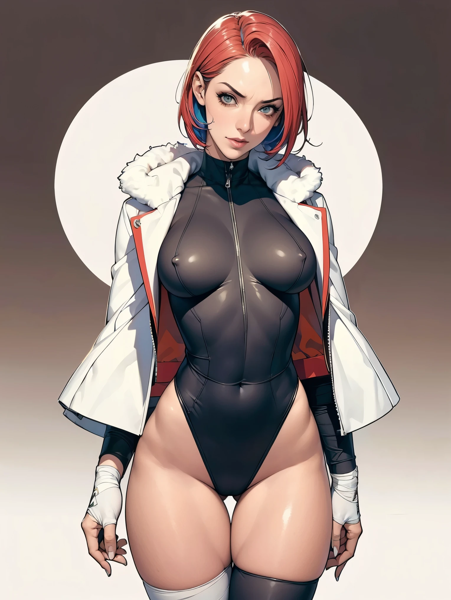 (((Annie Lennox))), (((colorful suit))), (scars), (((bandaged arms))), (((colorful clothes))) (( hood)), (((best quality: 1.4))), (Unbeatable masterpiece), (hyper HD),(CG 8k hyper-realistic), beautiful face, (((breasts big))), (((hyper feminine))), sexly girl, ((round face)), black tattoo,(ultra short red hair with white highlights)), ((( sculptural body ))), (((1 Kizi))), Kizi tatuada de 25 anos com perfect body, perfect hands, perfect fingers ,Beautiful and well-groomed face, (round face), muscular body:1.2,solid color detailed jacket, (Head to thigh photos), Complex equipment, ,Tight clothes,With white stars and off-white stripes,,,,,Armor Metal Electronic Parts, Poison tattoos ) INFO, Kizi, (((standing alone))), , 24歳, sexy, pose de attitude, work of art, dancing, ((slight smile)), post-apocalypse, (((manga style))), bounty hunter, the way you want, perfect body, roupa moderna, advanced technology, white, yellow accent, black, red accent, fur collar jacket, sleeves with vertical striped pattern, background city, (( cowboy shot )). intricate visual, narrow waist, (((wide hips))), wide hips, fit thighs, (((thigh gap))), Thigh gap, background shows a futuristic airplane, open expression, expression happy