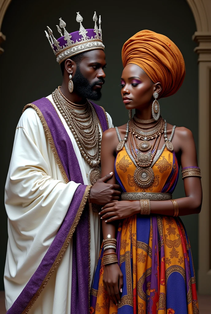 
African man dressed in a white tunic and purple sparkles with African necklaces and a purple crown with silver bracelets accompanied by an African woman in a colorful dress and an amber turban with copper necklaces and bracelets 