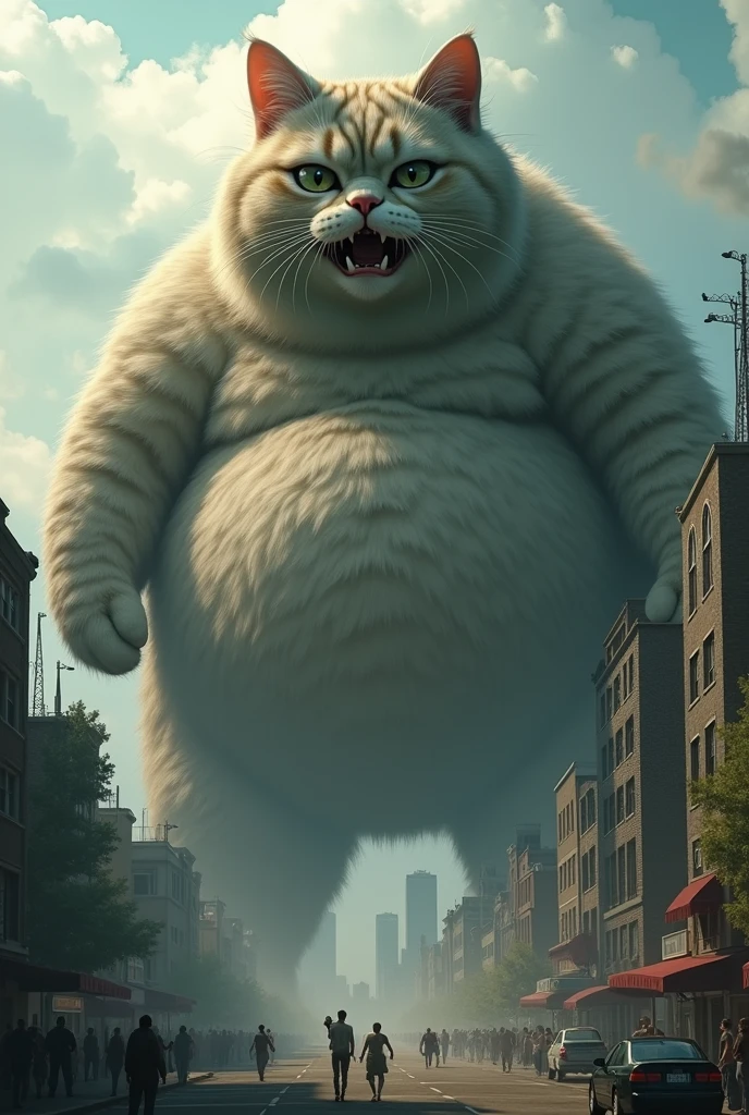 A cat overweight giant, taller than the buildings in a terrified city