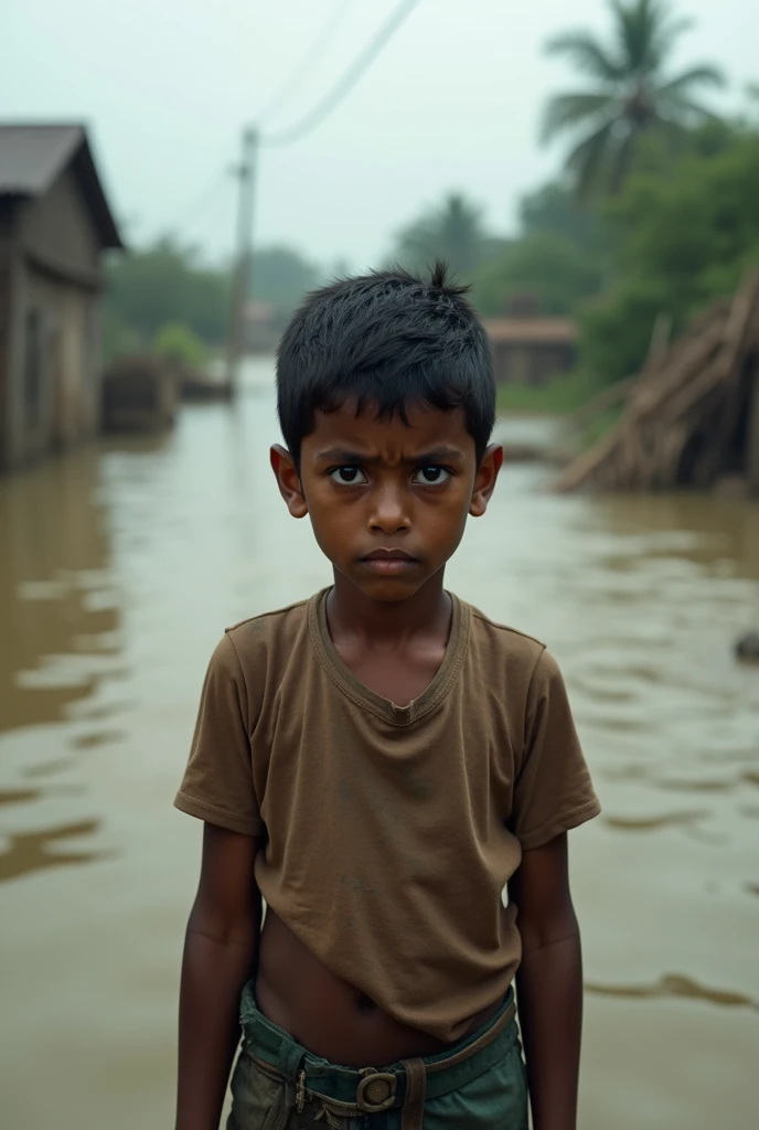 একটা ছেলে দাঁড়িয়ে আছে, বাংদেশের বন্যা পরিস্থিতির জন্য সে খুব চিন্তিত, তার নাম " আল আমিন "