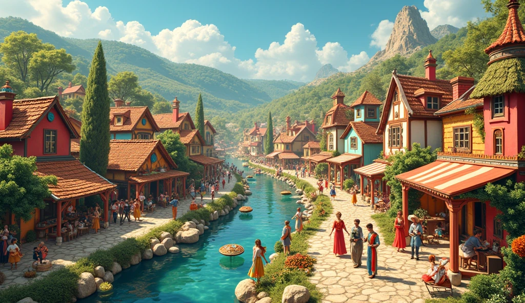 (best quality, masterpiece, ultra detailed, ultra high res, photorealistic, raw photo, absurdres, absolutely resolution), A village filled with musical elements、Wide Shot、Photorealistic