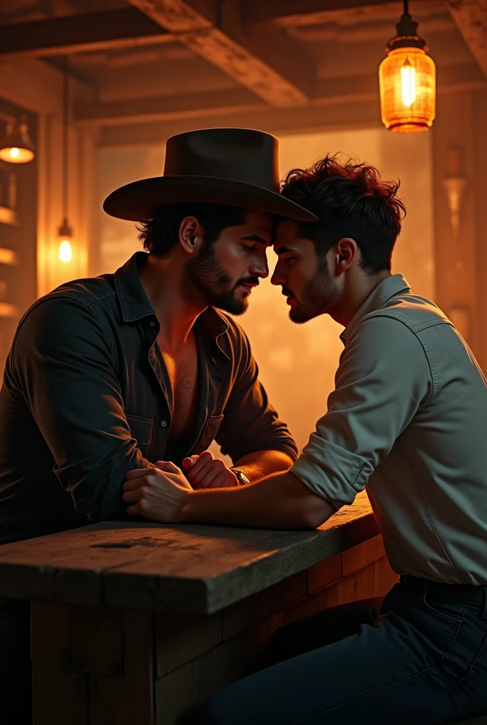 A handsome cowboy man sitting in a bar in black clothes and a cigarette in his hand. While serving him drinks, a handsome white young man sits on his arm seducing him.