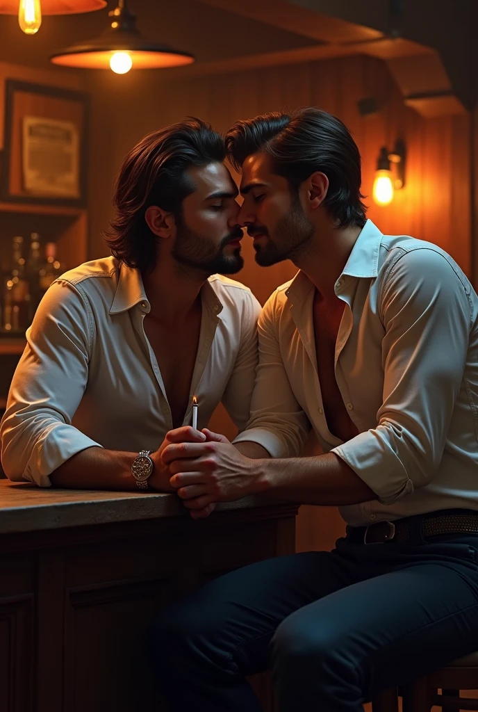 A handsome cowboy man sitting in a bar in black clothes and a cigarette in his hand. While serving him drinks, a handsome white young man sits on his arm seducing him.