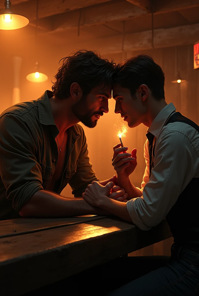 A handsome cowboy man sitting in a bar in black clothes and a cigarette in his hand. While serving him drinks, a handsome white young man sits on his arm seducing him. 