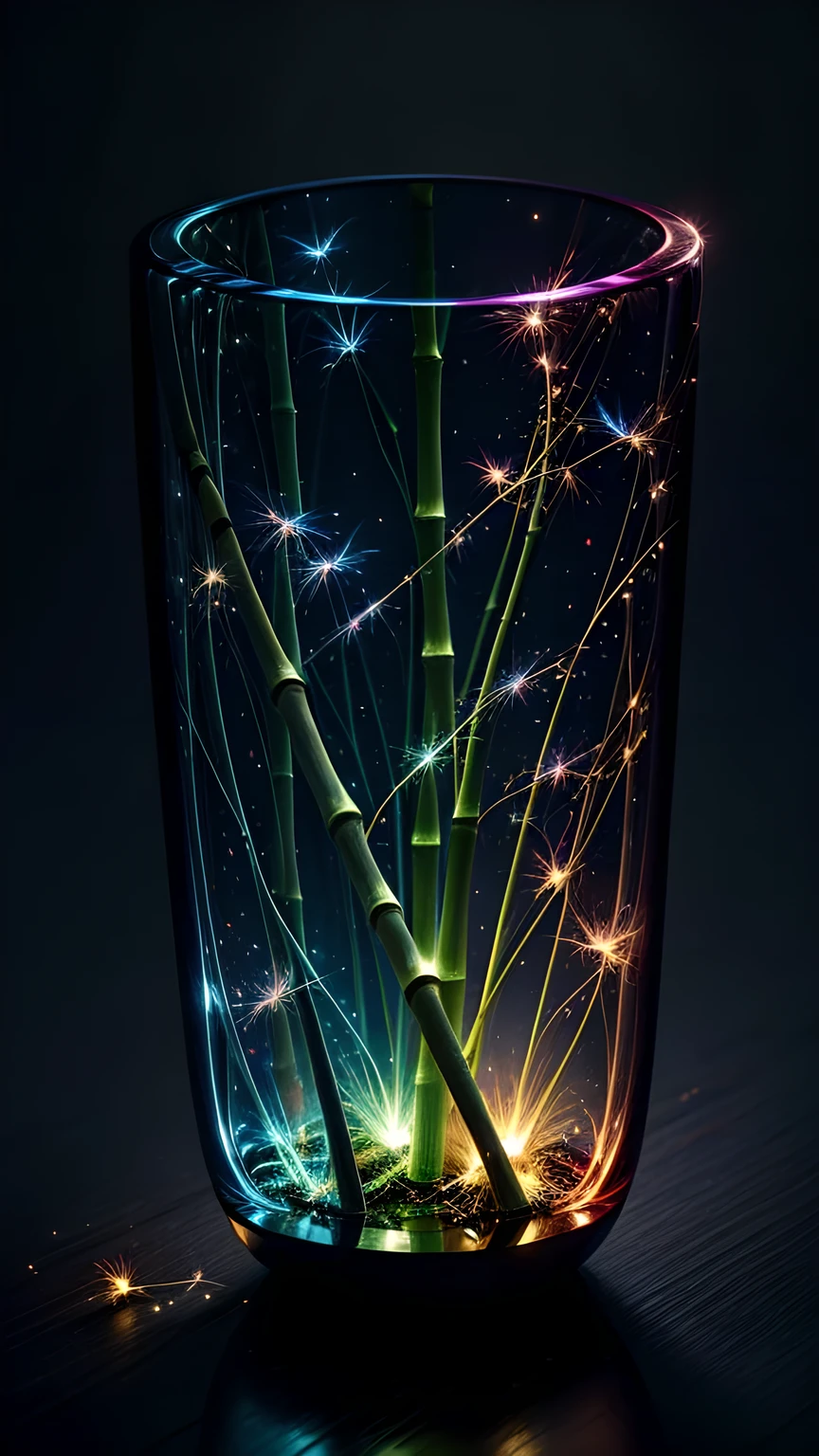 Bamboo forest in the dark night, Delicate and sharp, film production, Soft interior lighting, Many small fireflies flying, Holographic Flash, Vibrant colors, Fantastic rainbow reflection, Metallic luster, The balance between pitch-black darkness and shiny particles, Sharp and delicate, Watercolor style CG, High contrast, Perfectly tuned Octane rendering, Dramatic chiaroscuro, Antiretroviral therapy, Extreme aesthetics,