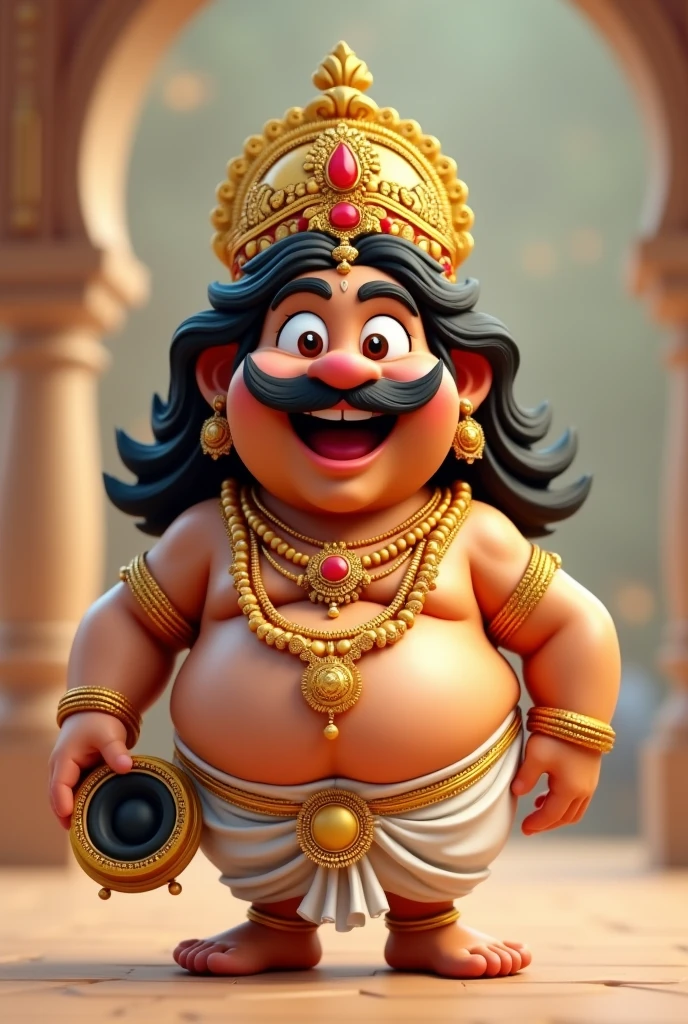 Appears to depict a 3D animated character, possibly modeled in the style of a traditional Indian royalty or deity, with exaggerated features for comical or friendly effect. The character is a smiling, wide-eyed, moustached male.He wears a gold crown adorned with red jewels and has long, wavy black hair. His attire includes a white dhoti, various gold ornaments such as necklaces, earrings, bangles, and holds a speaker in his left hand. His expression is happy and surprised, and the overall style is energetic and cartoonish.He was fat man