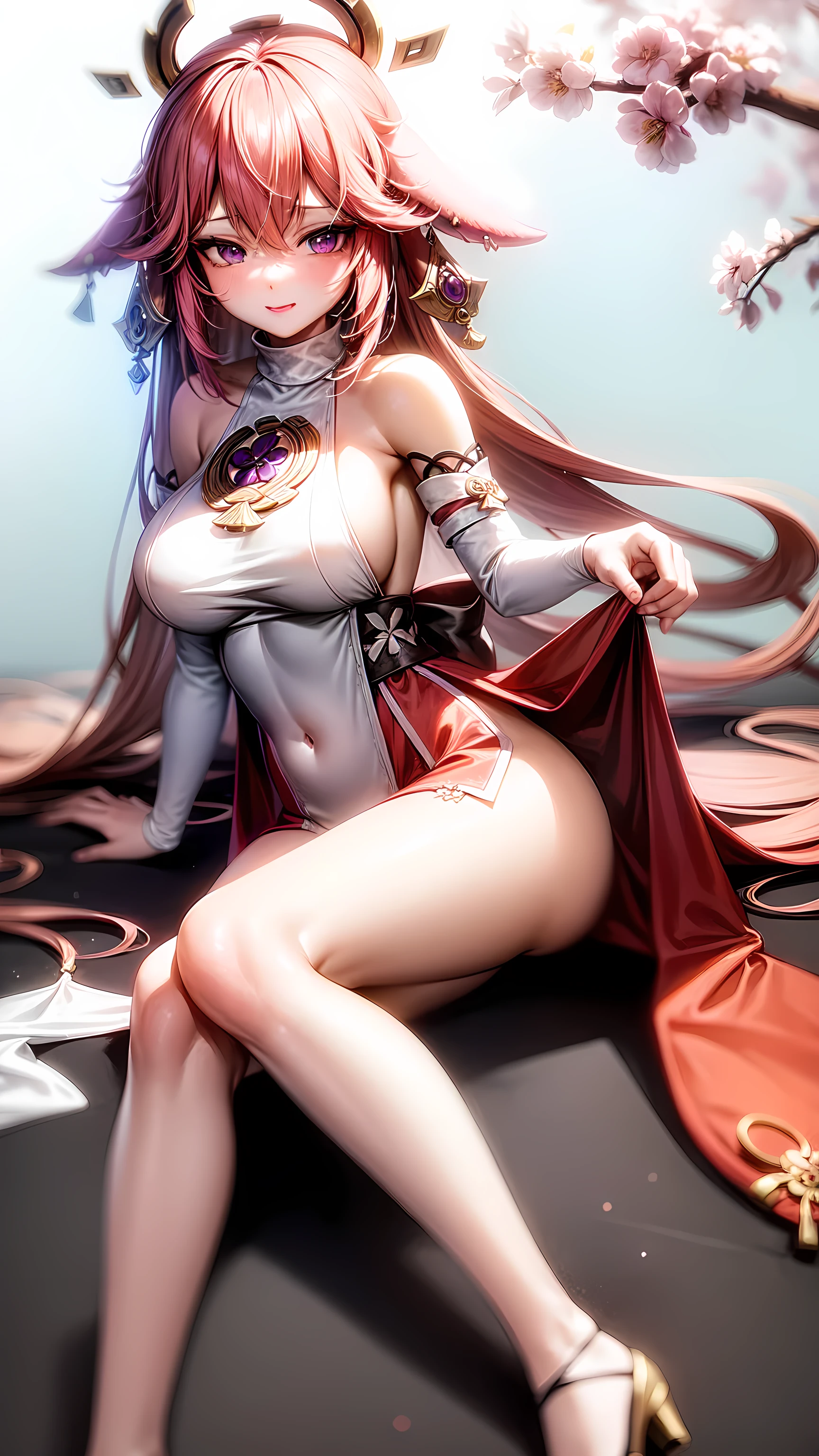 Yae Miko,purple eyes,Wedding Dress,long skirt,seductive face,legs open