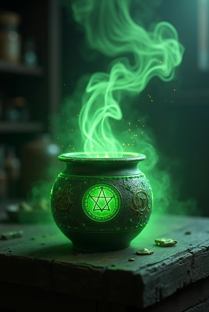 Witch&#39;s jar with a green potion and smoke falling