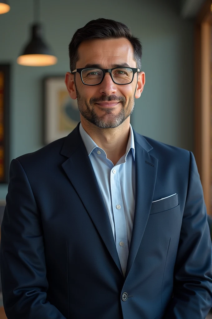 We need a portrait of Damir Samarkhanov, the strongest geography teacher in Kazakhstan. He is tall, full body, wears glasses, has short black hair. There is a powerful online course. His hair is short. A kind person who teaches students online from all over Kazakhstan. The picture should be full-length, full body