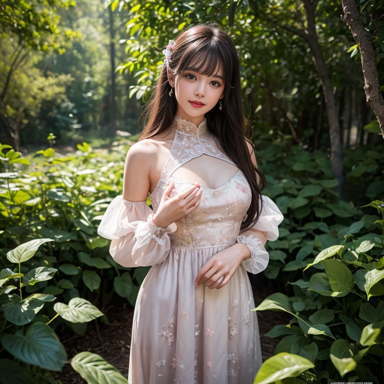 Fold your hands to your chest，Wear long dresses， princess dress，formal dress，Small dresses，floral dress，elegant，Fairy，heavy dress，gauze skirt dress, puffy skirt, chiffon material，Puff sleeves，High neck，(knee shot), elegant，1 woman, On the face, light brown hair, blunt bangs, hair behind ears, Hair over the shoulders, long hair, Slender body type, Super thin face, face slimming, delicate lips, beautiful eyes, Thin blush, Eyes are light brown,Check it out here, (realistic:1.3), in the coniferous forest, One person's perspective, 8k, Super detailed, high quality, best quality, High resolution,(masterpiece))、(top quality)、8k、high detail、Super detailed，3 female，Seductive and whimsical style、masterpiece、born、Scenes resembling fairy tale illustrations、Intricate details and complex designs、Beautifully、magic、capricious、 Beautifully、Dream aesthetics、「𝓡𝓸𝓶𝓪𝓷𝓽𝓲𝓬、ethereal、charming、fickle、magic」、Realism、Visual effects、FXAA、SSAO、Shaders、voiceless、ambient lighting、Tone mapping、High resolution、Ultra high quality、Million pixels、(8k resolution:1.10)、8k、Below 8K、8k resolution、high detail、intricate details， (high quality:1.2、masterpiece:1.2、:1.21)、(3 female:1.21)、(Smile excitedly)、(full-body shot，Normal 2 feet，Put your hands behind you，The protrusion of the breast is visible when wearing clothes, Large Breasts, H cup chest, No breasts，high-neck dress