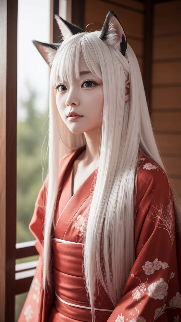 White Demon Fox、Nine-tailed Fox、Japanese women、kimono、Fair skin、Red lines on face、8K、I have long hair